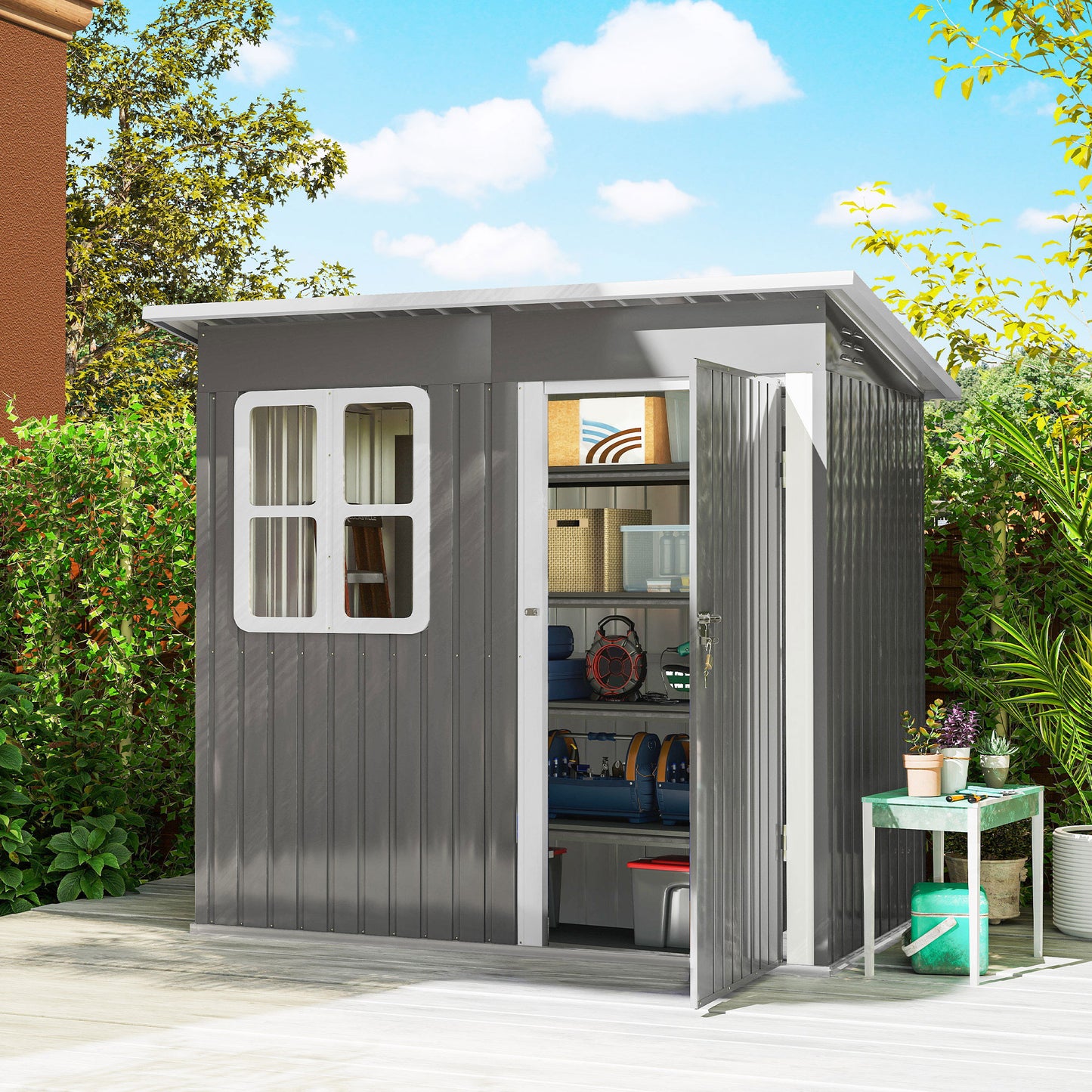 Outsunny Caseta De Jardín 221x133x190 Cm Con Ventana Y Puerta Con Cerradura Gris_1