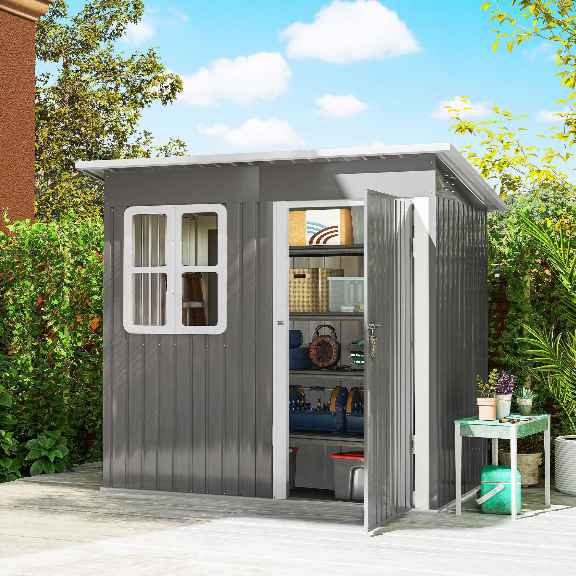 Outsunny Caseta De Jardín 221x133x190 Cm Con Ventana Y Puerta Con Cerradura Gris_1