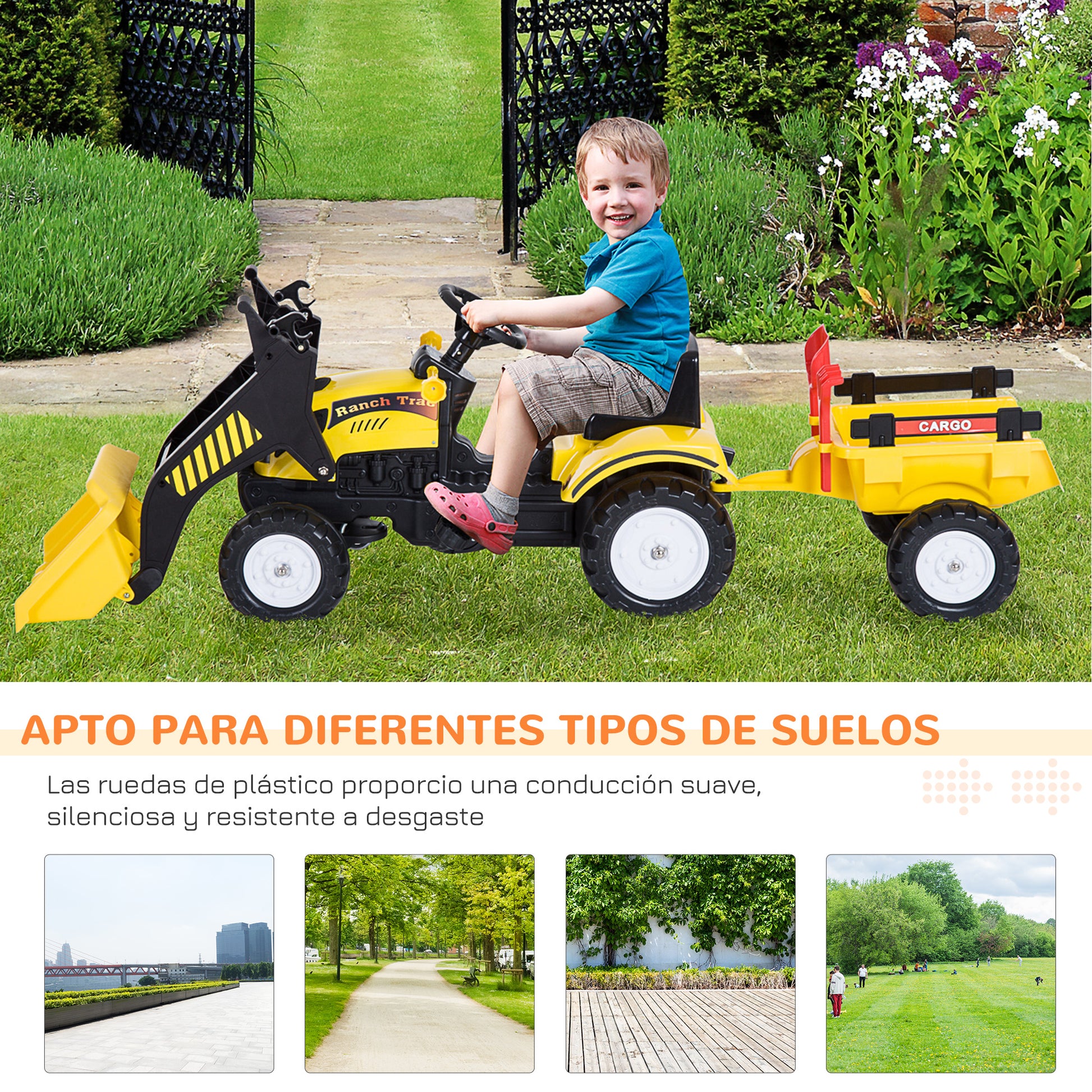 Homcom Tractor Pedales Excavadora Niño Con Pala Frontal Remolque 3 Años Carga 35_5