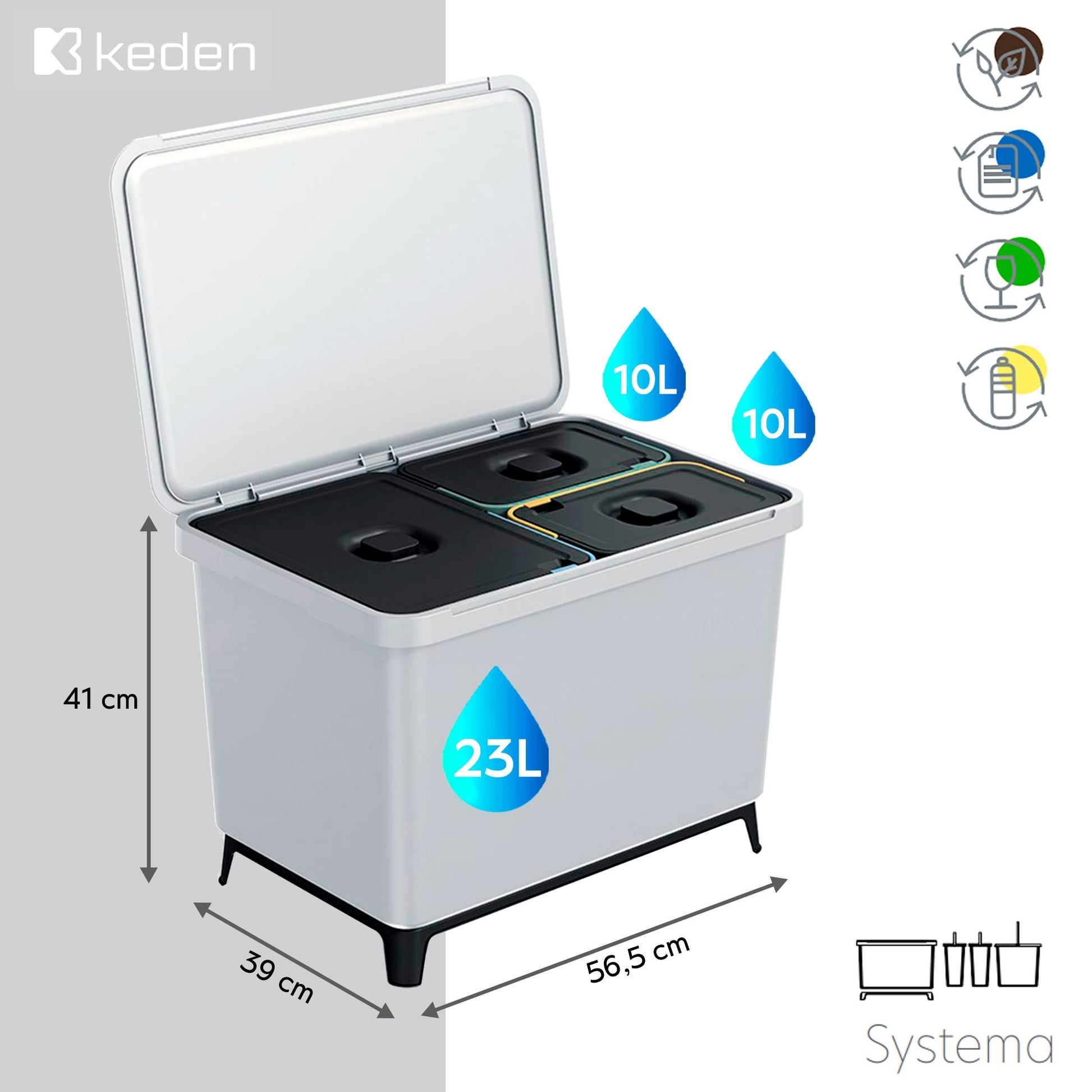 Sistema Clasificador De Reciclaje 2x10l + 1x23l Color Gris Keden_1