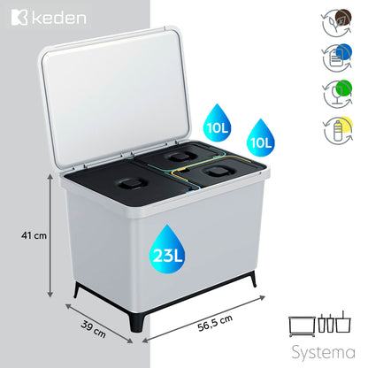 Sistema Clasificador De Reciclaje 2x10l + 1x23l Color Gris Keden_1