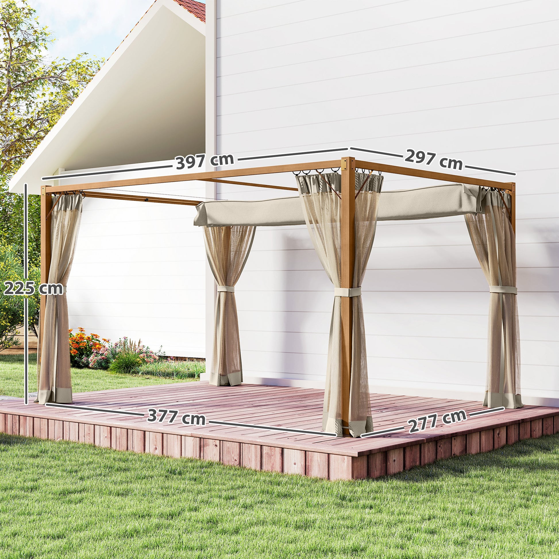 Outsunny Pérgola De Jardín 4x3 M Con Techo Retráctil Mosquiteras Natural_2