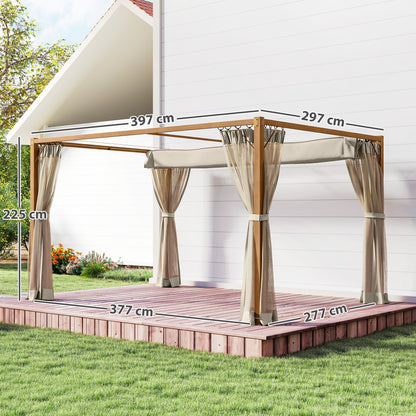 Outsunny Pérgola De Jardín 4x3 M Con Techo Retráctil Mosquiteras Natural_2