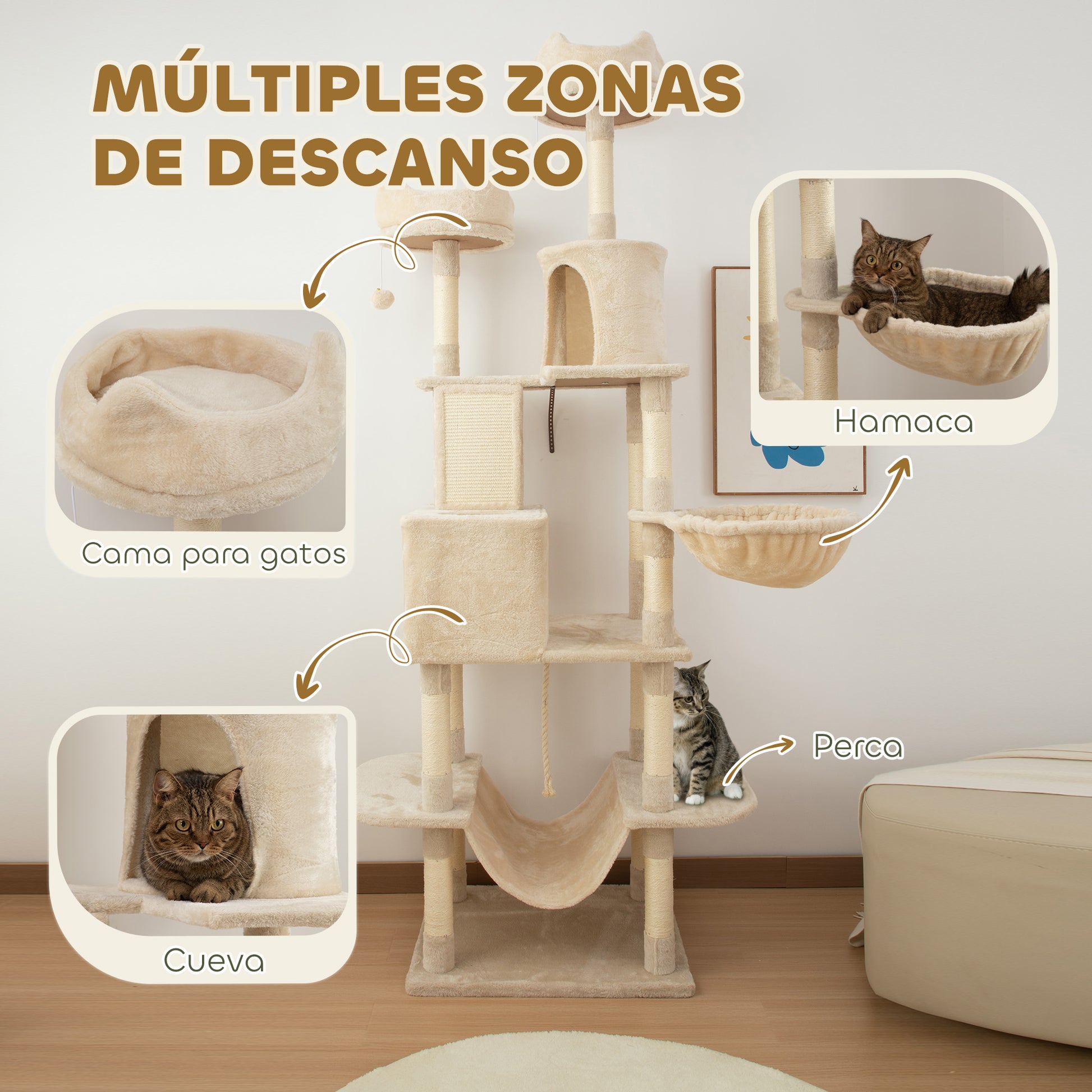 Pawhut Árbol Rascador Para Gatos Grande Altura 206 Cm Con Hamacas Beige_3