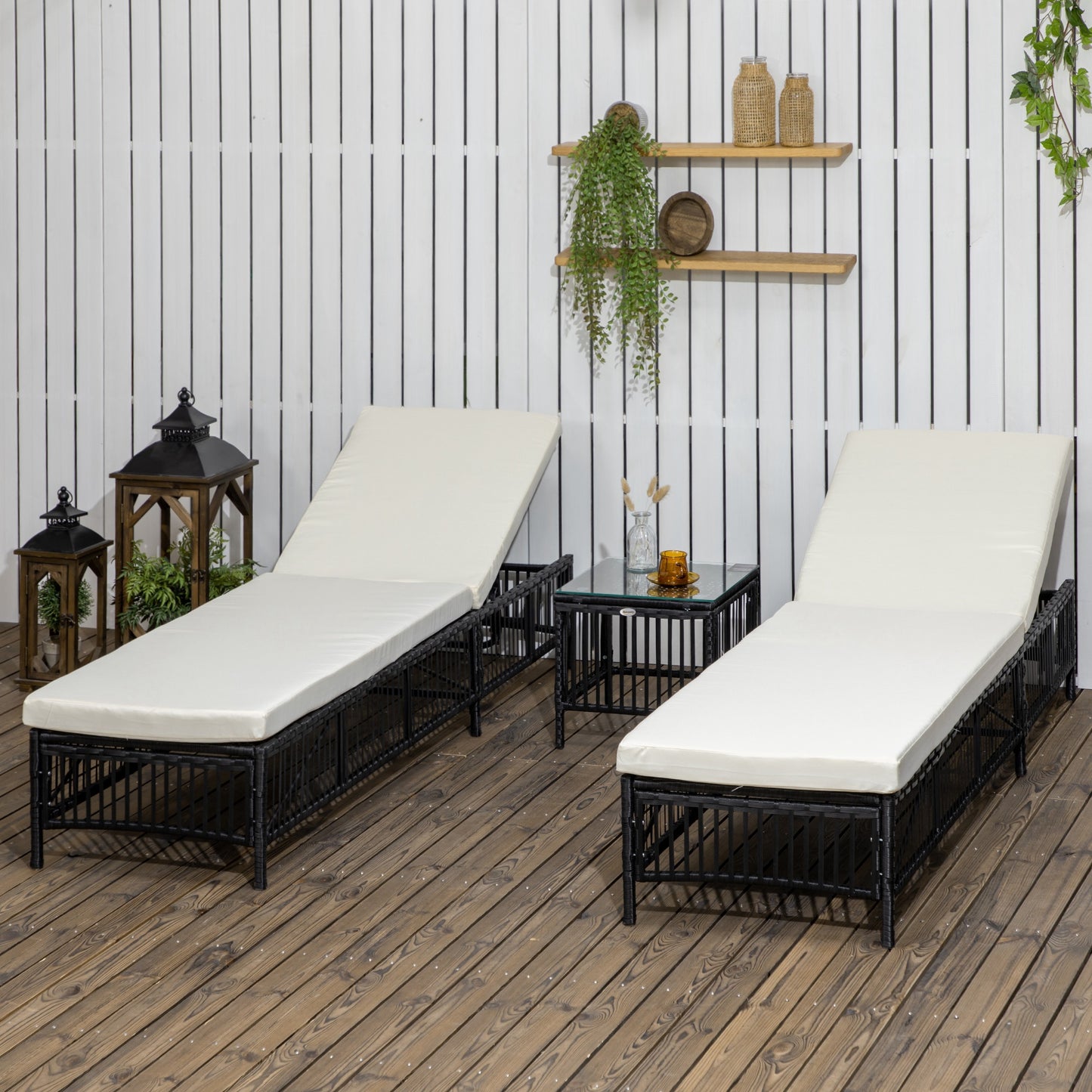 Outsunny Conjunto De 2 Tumbonas De Ratán Con Mesa De Centro Negro_1