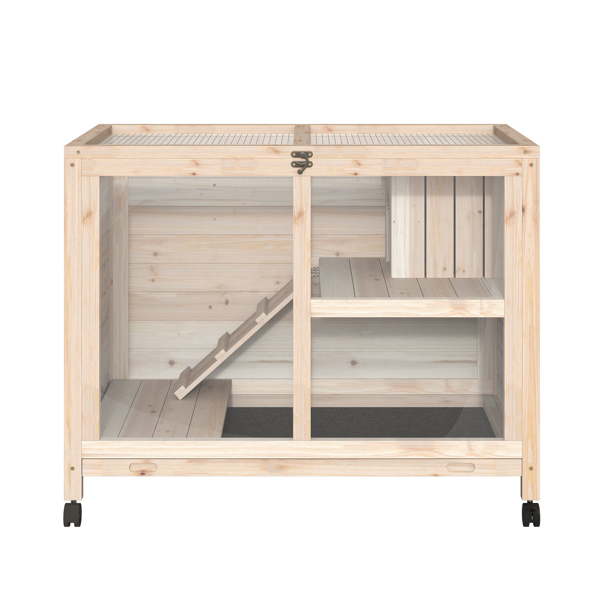 Pawhut Conejera De Madera Con Ruedas 91,5x53,3x73 Cm Techo Abatible Bandeja_3