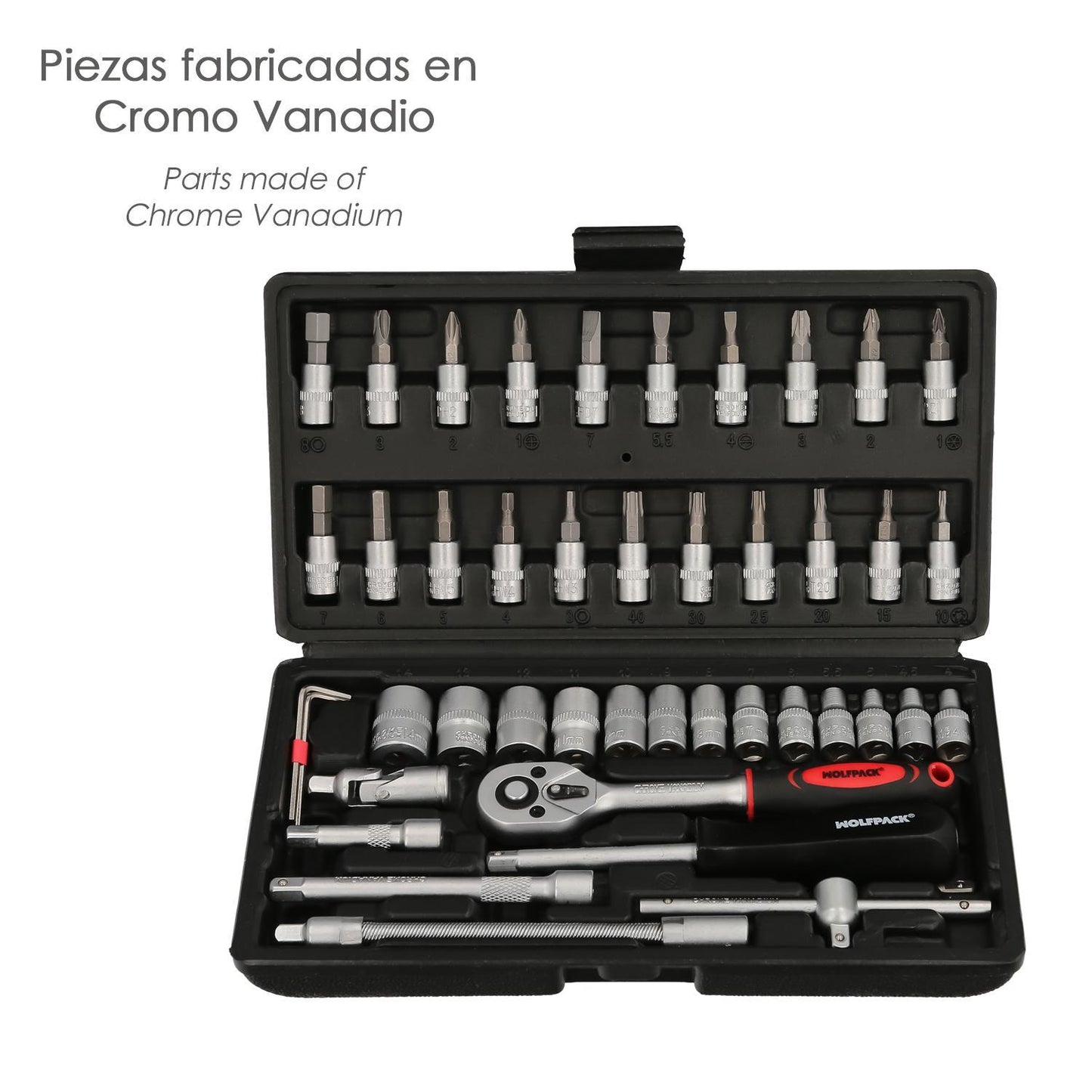 Juego Llaves De Vaso Y Puntas 1/4 46 Pzs. Con Apadtador. Cromo Vanadio, Kit Llave Combinada, Kit Carraca,_1