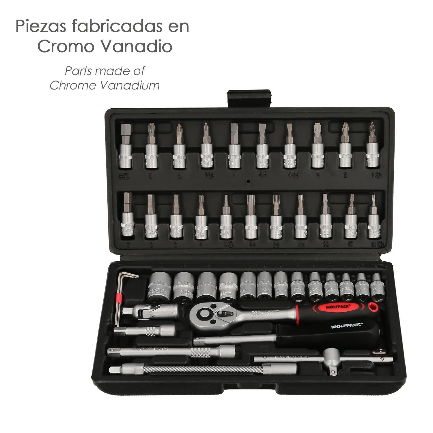 Juego Llaves De Vaso Y Puntas 1/4 46 Pzs. Con Apadtador. Cromo Vanadio, Kit Llave Combinada, Kit Carraca,_1