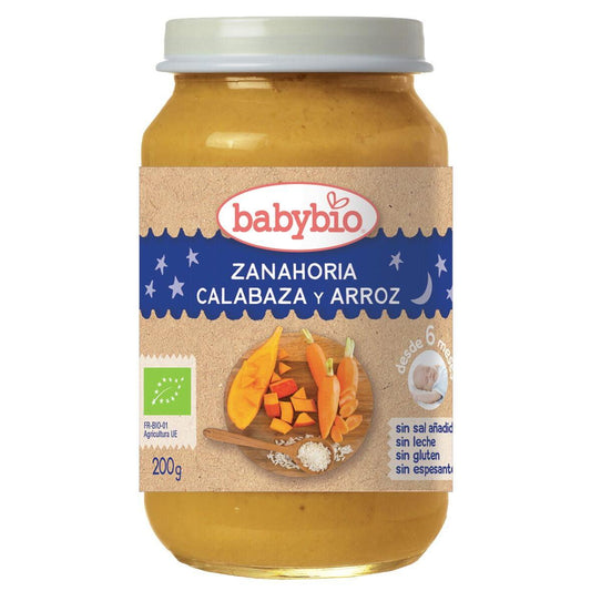 Tarrito Buenas Noches Zanahoria, Calabaza y Arroz, Babybio 200 g