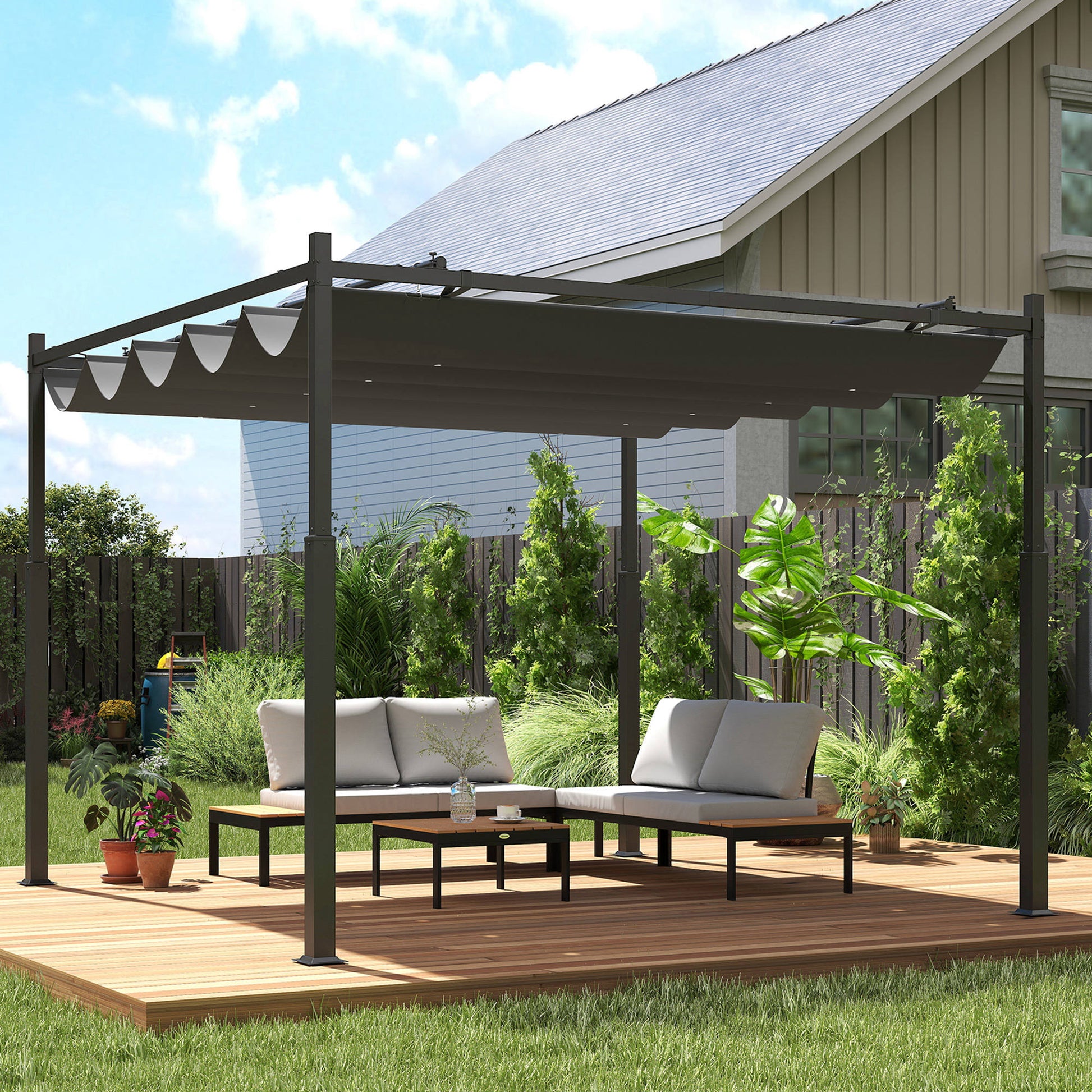 Outsunny Pérgola De Jardín 3x3 M Con Techo Retráctil Y Accesorio Magnético Gris_1