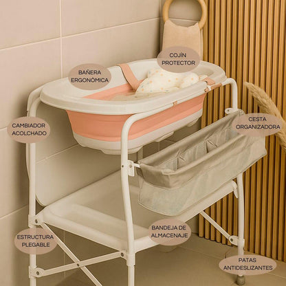 Bathby | Bañera Bebé 5 En 1 Plegable Con Soporte, Cambiador, Bandejas, Desagüe (rosa Standard)_4