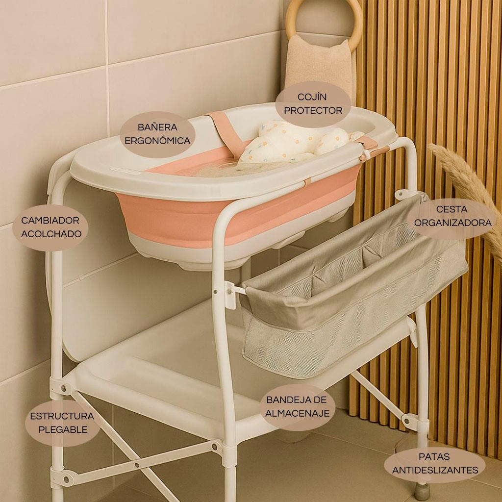 Bathby | Bañera Bebé 5 En 1 Plegable Con Soporte, Cojín Antideslizante, Cambiador (rosa Pro)