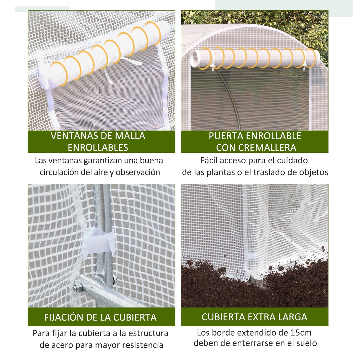 Outsunny Invernadero Túnel 400x200x200cm Con 6 Ventanas Cultivo Plantas Blanco_4