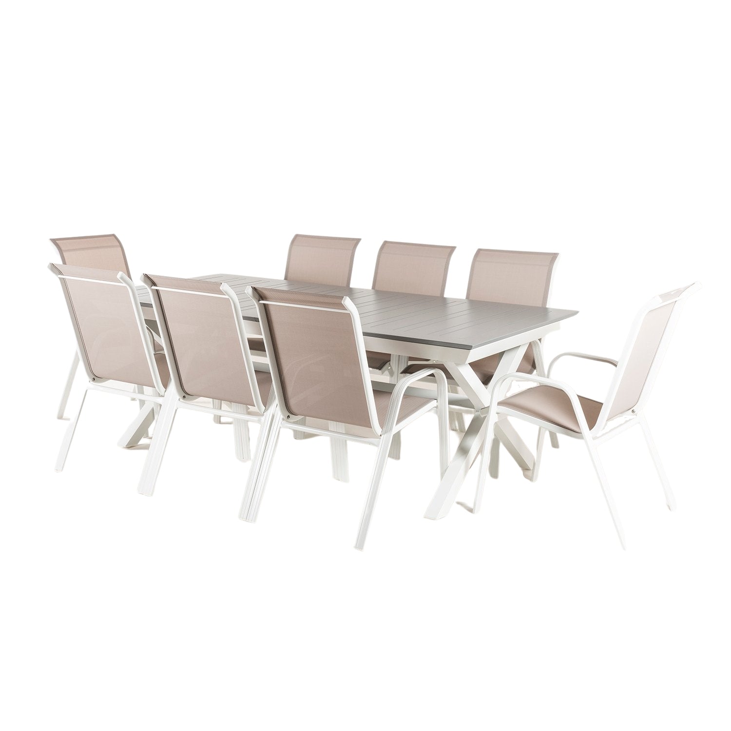 Conjunto Jardin, Mesa Extensible 215-295 Y 8 Sillones Apilables Blanco Y Gris_0