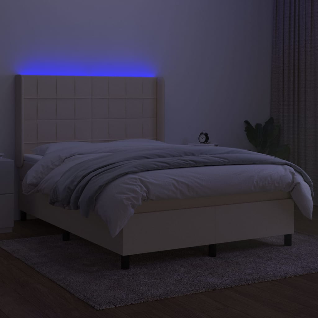 Cama Box Spring Colchón Y Luces Led Tela Crema 140x200 Cm / Vetonek_0