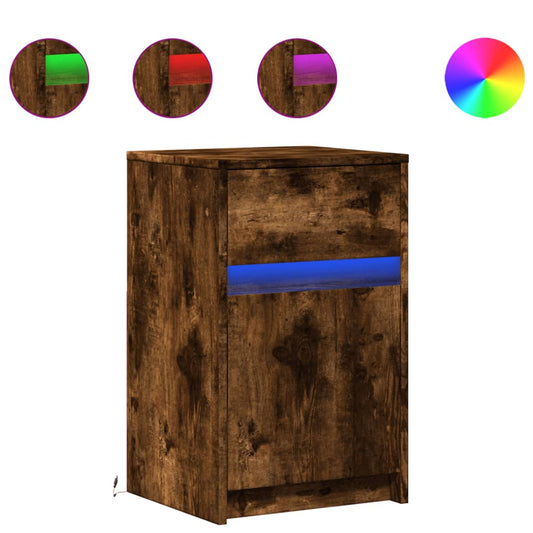 Mesita De Noche Luces Led 2 Uds Madera Ingeniería Roble Ahumado_0