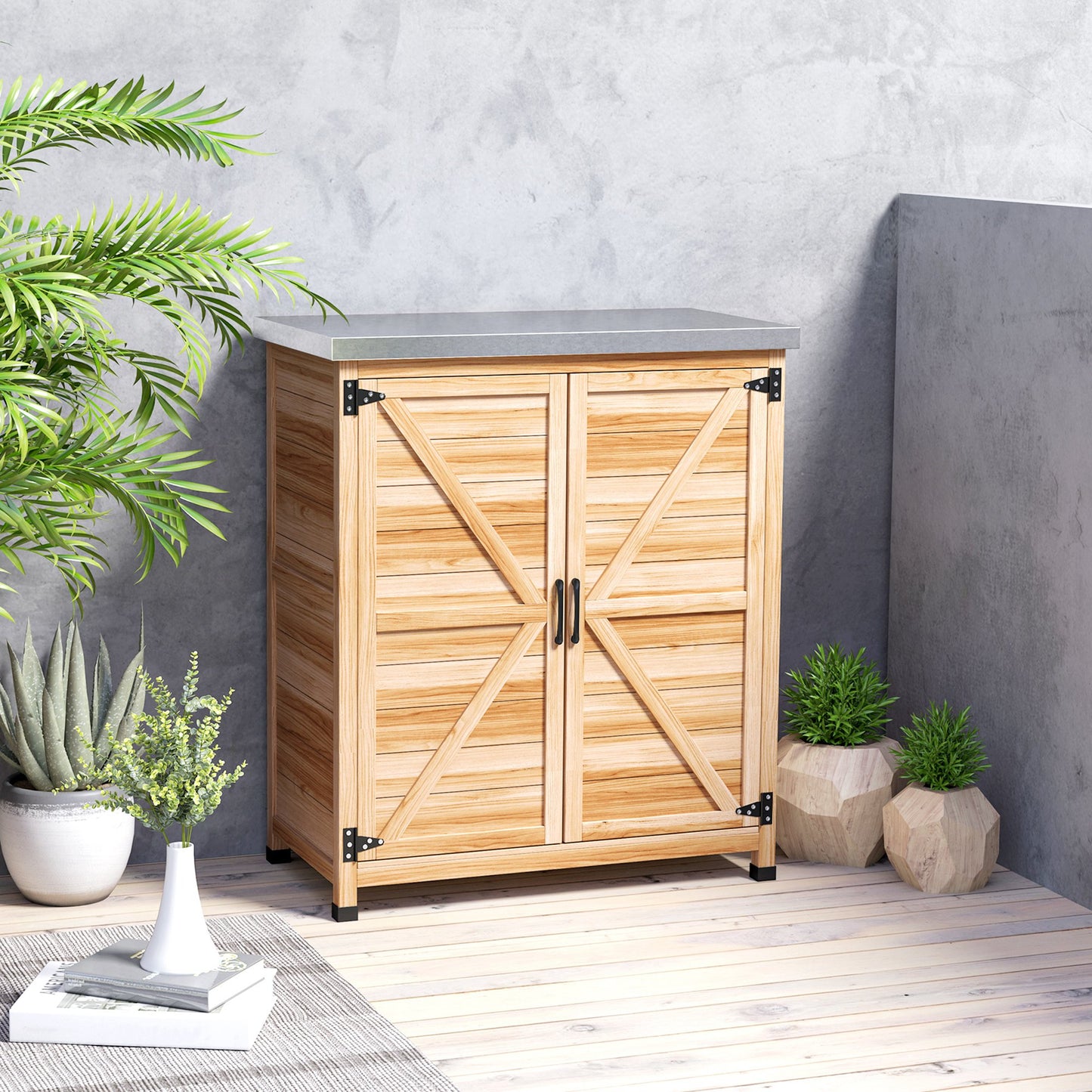 Outsunny Caseta De Jardín De Madera Con Techo De Acero Y 2 Puertas Natural_3