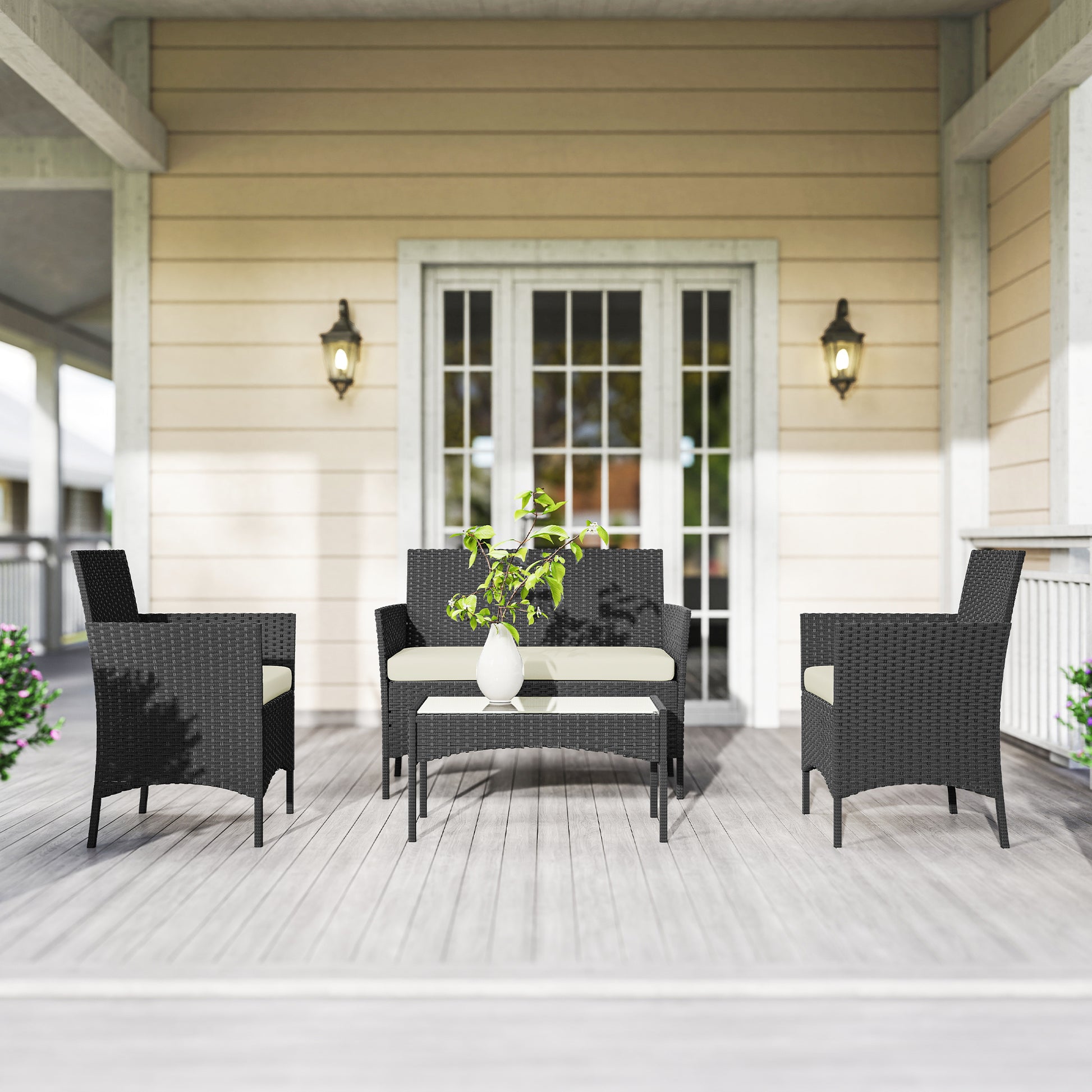 Outsunny Conjunto Jardín Exterior De Ratán Sintético Con Cojines Negro Y Crema_4