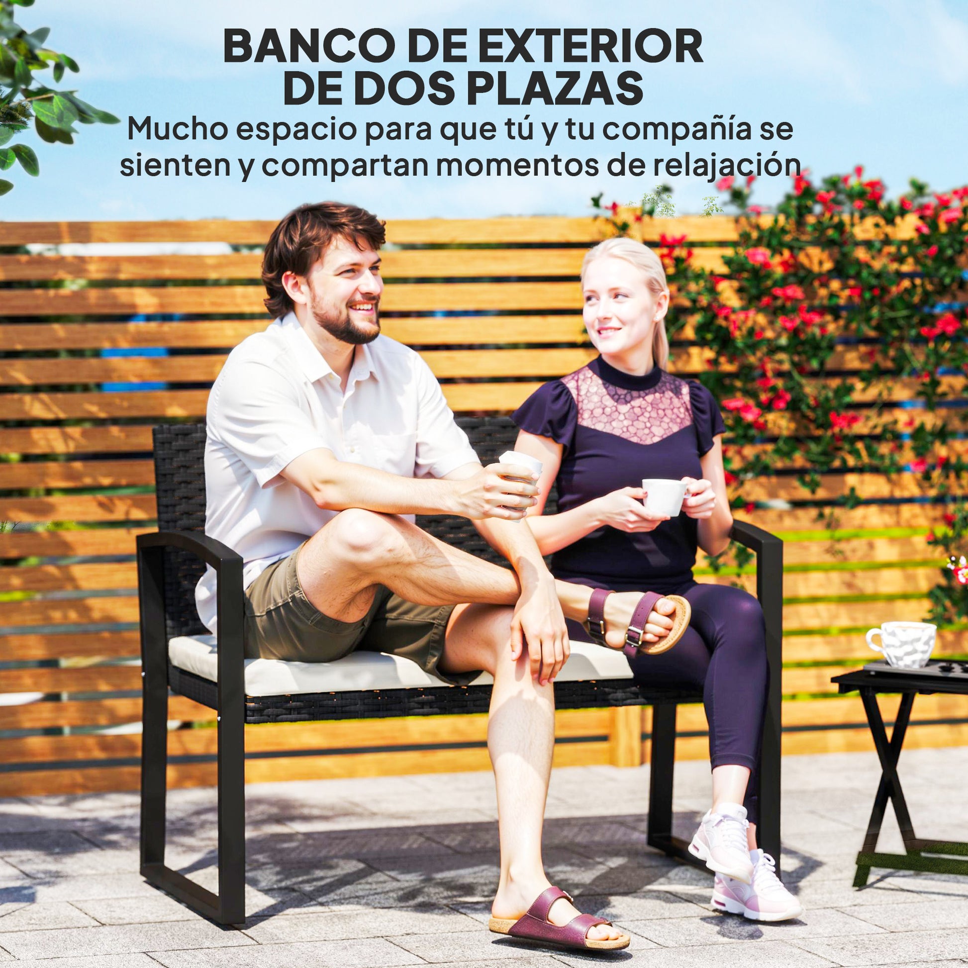 Outsunny Banco De Jardín De Ratán Sintético De 2 Plazas 103x58x78 Cm Negro Beige_3