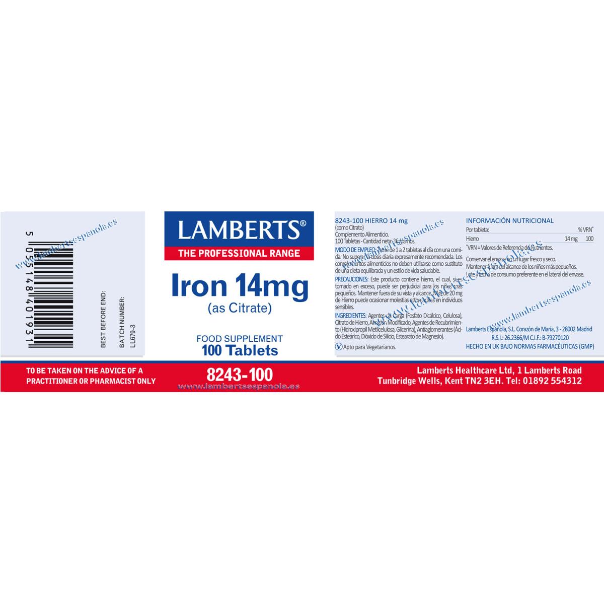 Hierro14 mg Lambert 100 tabletas