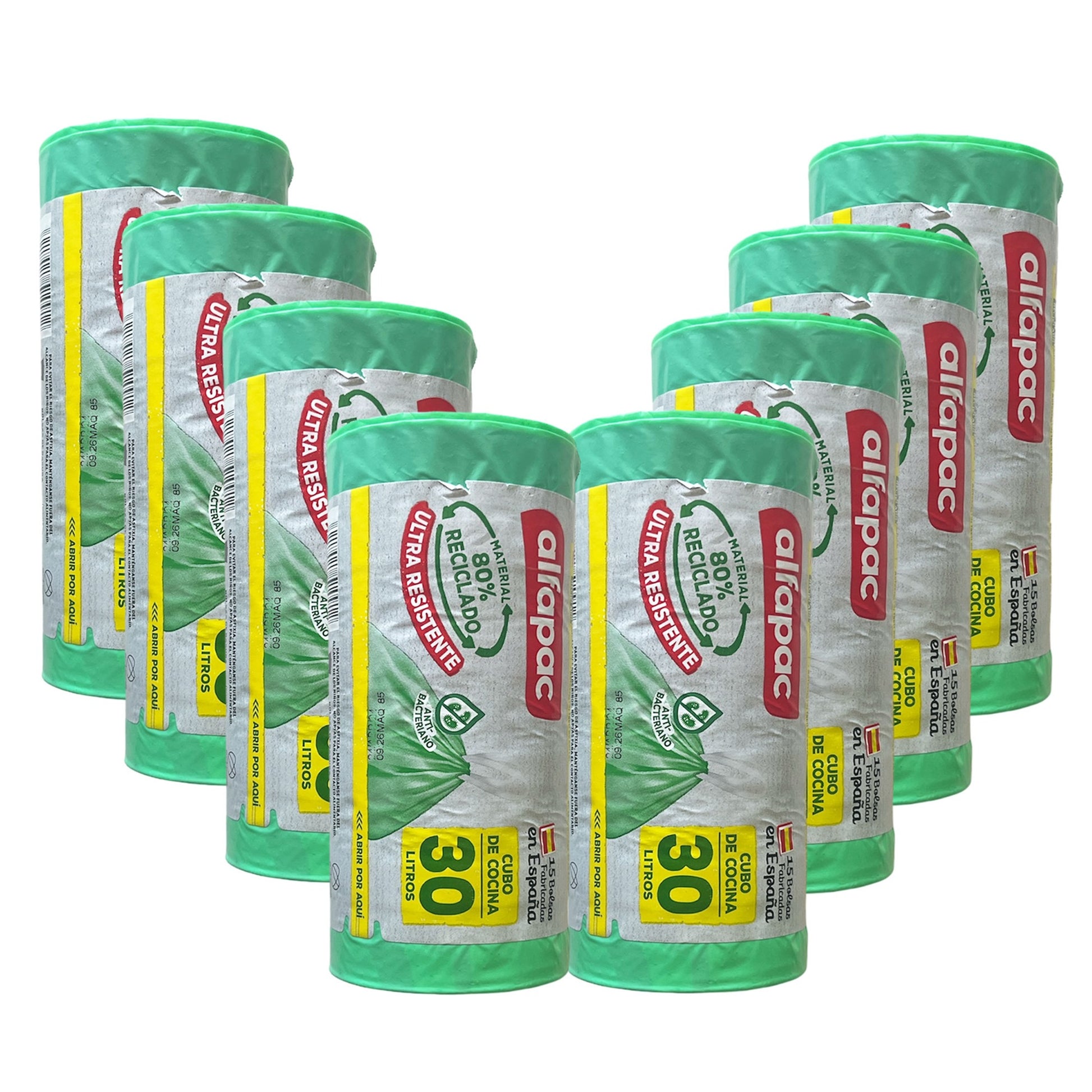 80% Reciclado 8 Rollos De 15 Bolsas De Basura 'antibacterias' 30l Con Autocierre_0