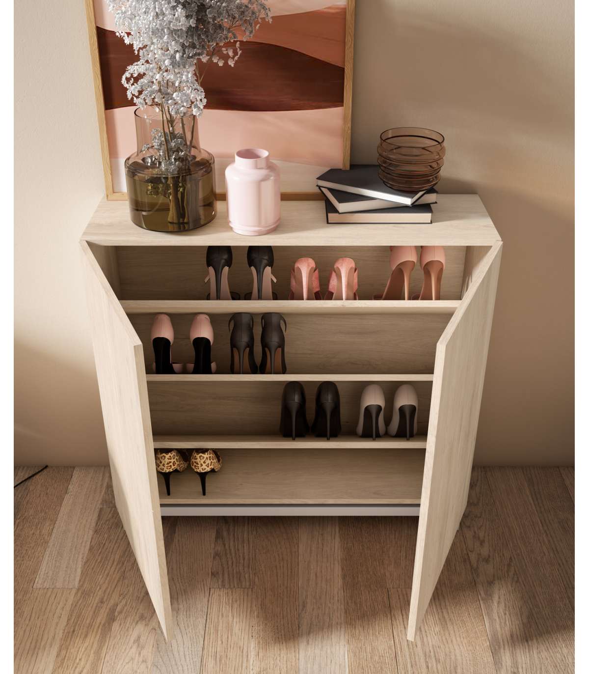Zapatero 2 Puertas Modelo 513 Acabado Roble Oscuro Patas Blancas, 90x90x27 (alto X Ancho X_2