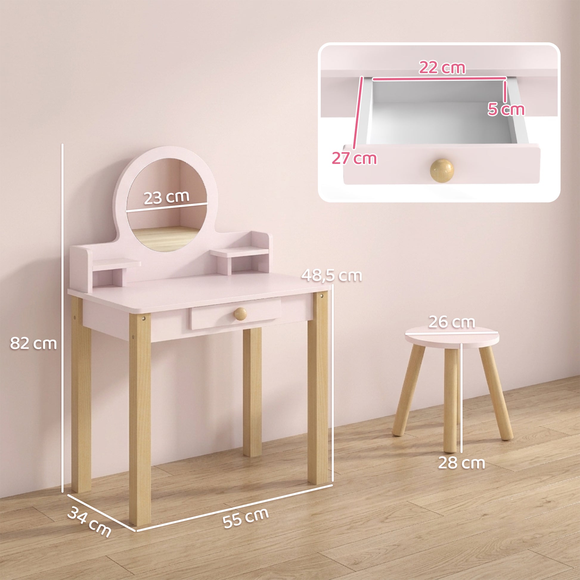Aiyaplay Tocador De Maquillaje Niña Con Taburete Espejo Y Cajón Rosa_2