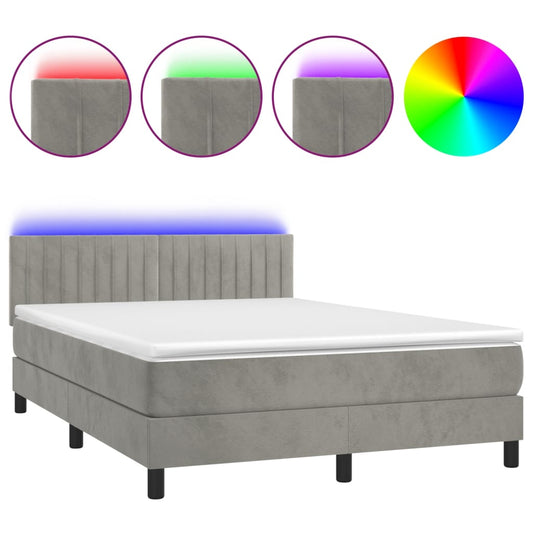Cama Box Spring Colchón Y Led Terciopelo Gris Claro 140x190 Cm / Vetonek_0