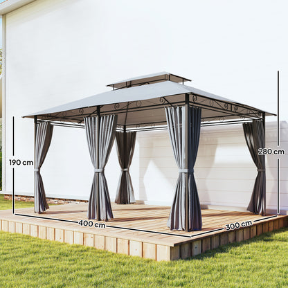 Outsunny Cenador Para Jardín 3x4 M Con Doble Techo Paredes Laterales Gris Oscuro_2