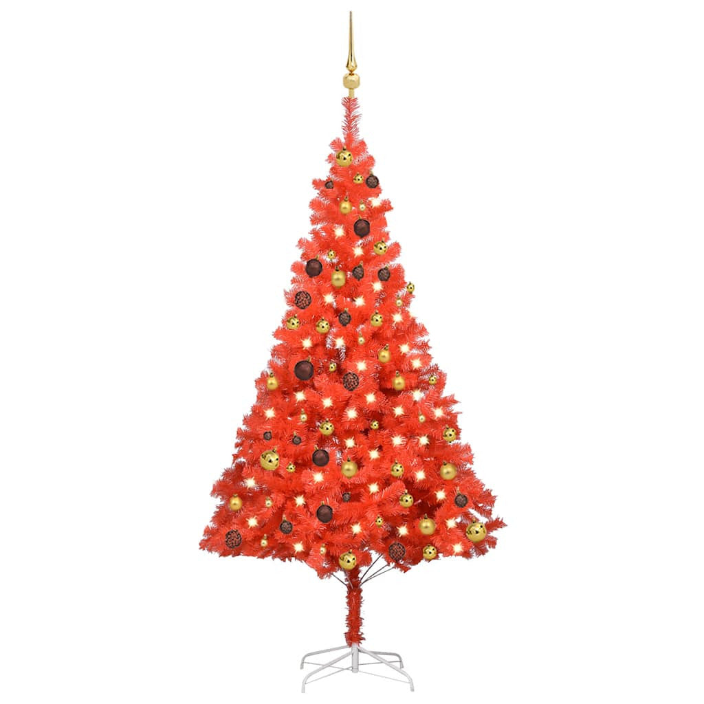 Vidaxl Árbol De Navidad Preiluminado Con Luces Y Bolas Rojo 180 Cm_0