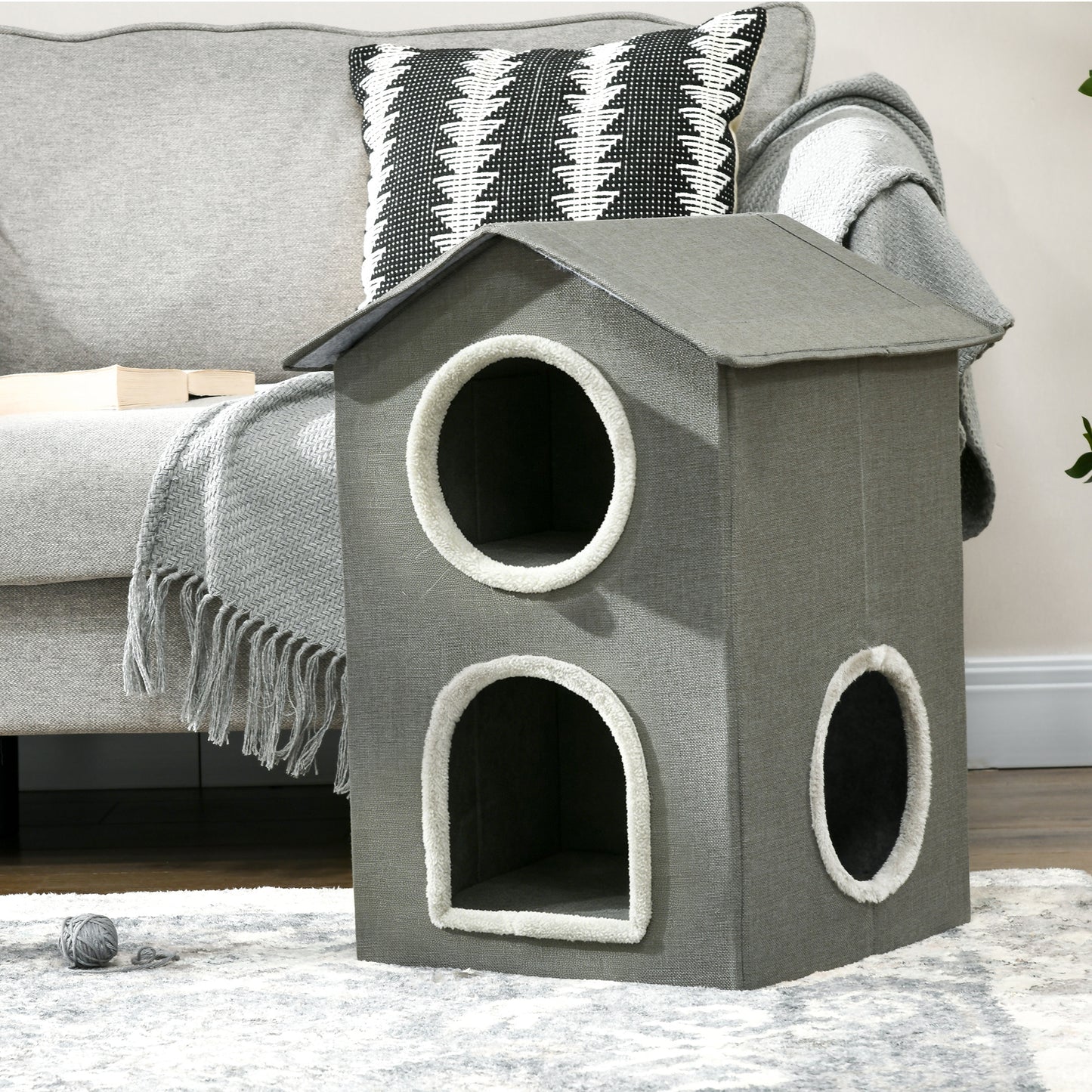 Pawhut Casa Para Gatos De 2 Niveles Con Cojines Lavables 42x46x59,5 Cm Gris_1