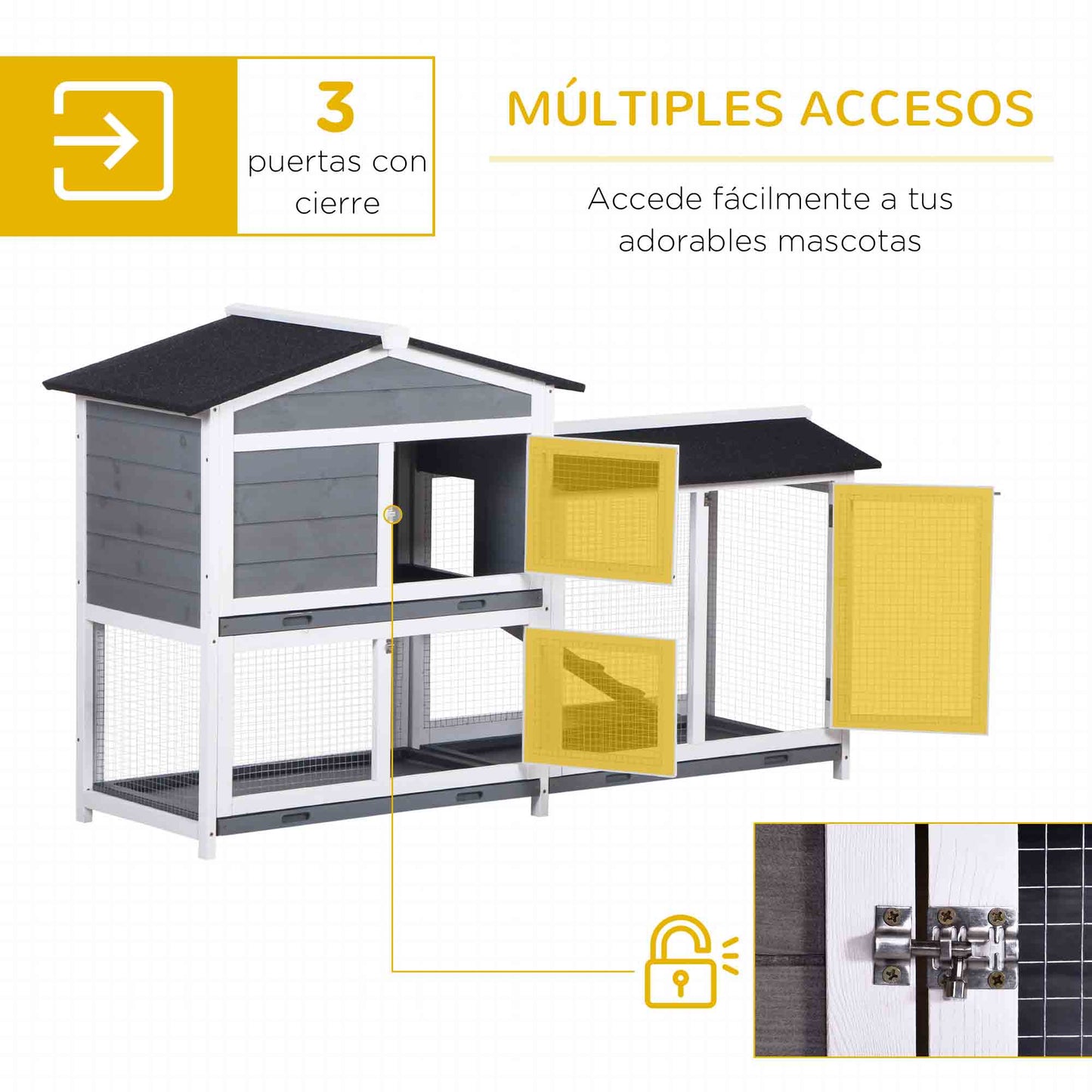 Pawhut Conejera De Madera Exterior Con Techo Asfáltico 157,4x53x93,5cm Gris_3