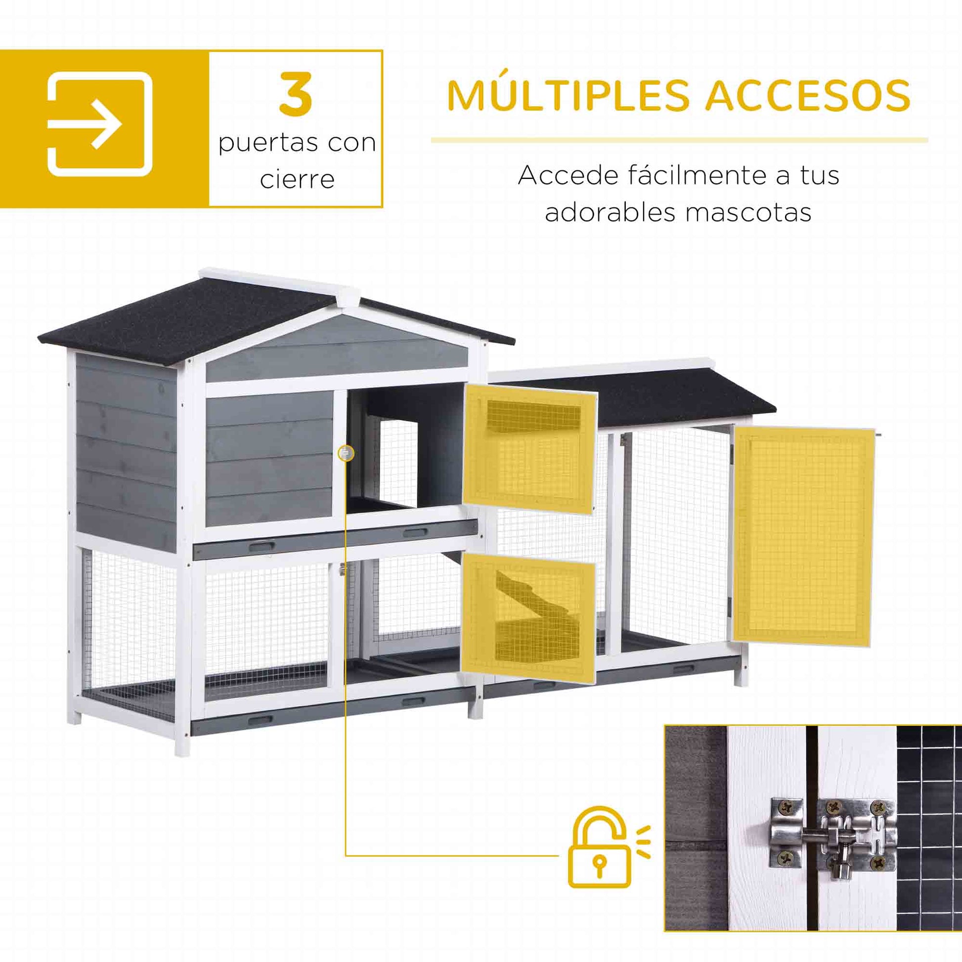 Pawhut Conejera De Madera Exterior Con Techo Asfáltico 157,4x53x93,5cm Gris_3