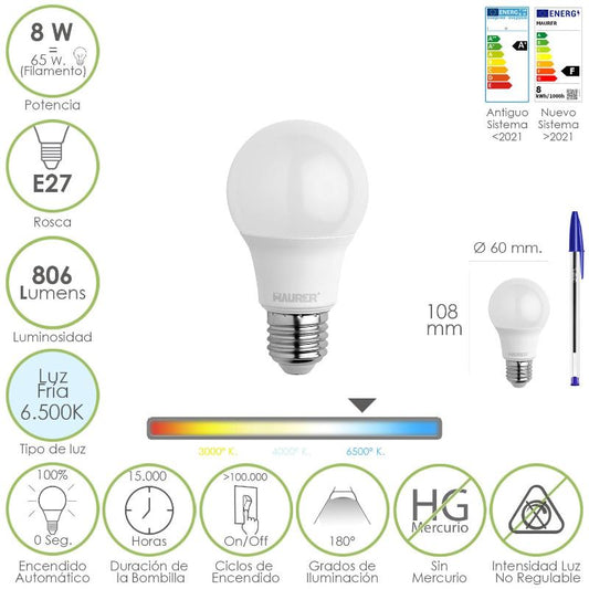 Bombilla Led Estandar Rosca E27. 8 Watt. Equivale A 65 Watt. 806 Lumenes. Luz Fría (6500º K.)_0