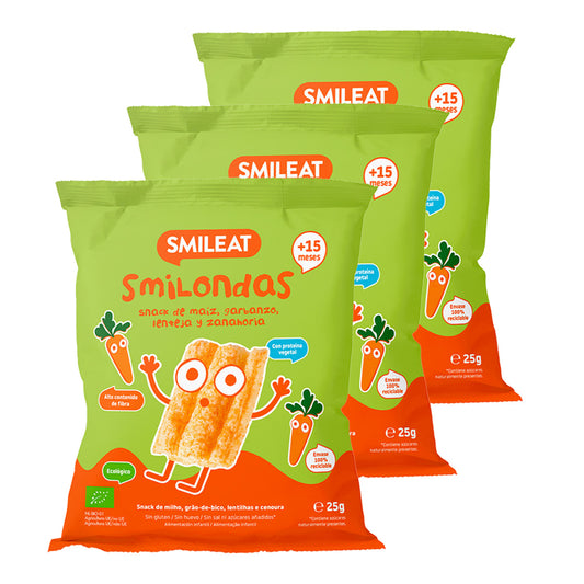 Pack 3x Smilondas Snack de Maiz, garbanzo, lenteja y Zanahoria Eco, Smileat, 25 g