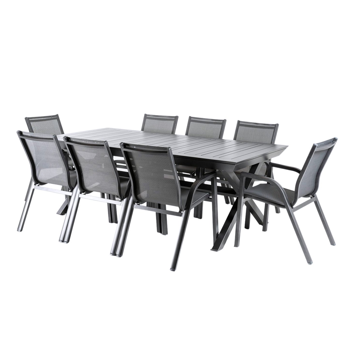 Conjunto Jardin, Mesa Extensible 215/295 Y 8 Sillones Apilables, Aluminio Antracita, Textilene Plata Y Negro, 8 Plazas_0