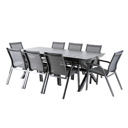 Conjunto Jardin, Mesa Extensible 215/295 Y 8 Sillones Apilables, Aluminio Antracita, Textilene Plata Y Negro, 8 Plazas_0
