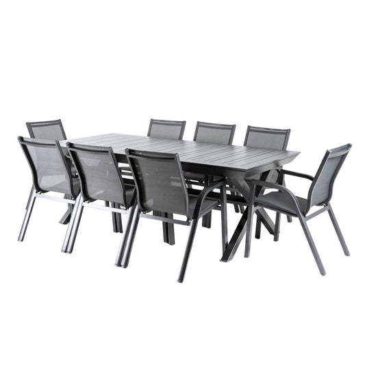 Conjunto Jardin, Mesa Extensible 215/295 Y 8 Sillones Apilables, Aluminio Antracita, Textilene Plata Y Negro, 8 Plazas_0