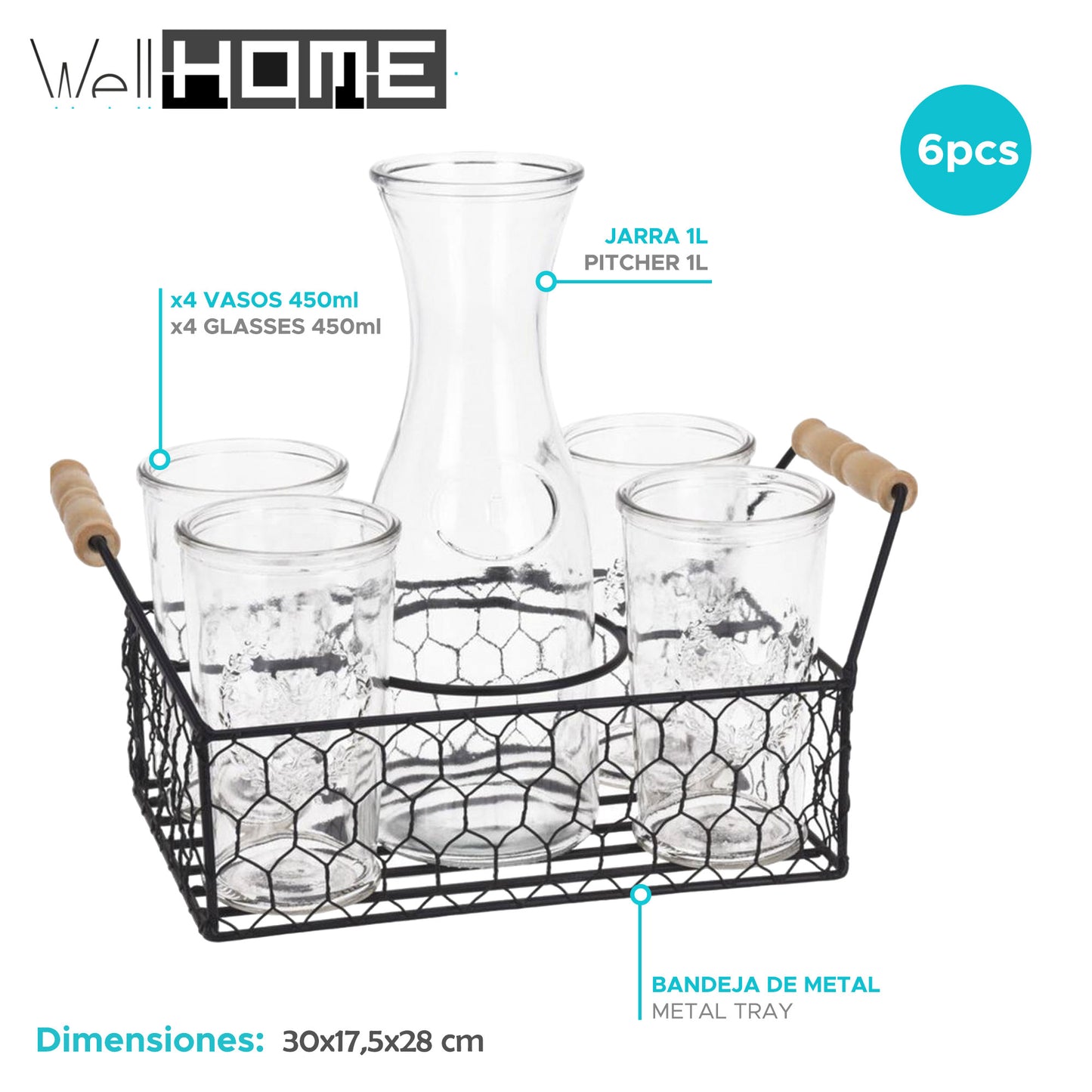 Well Home Juego De 4 Vasos De 450ml + Jarra De 1l En Vidrio