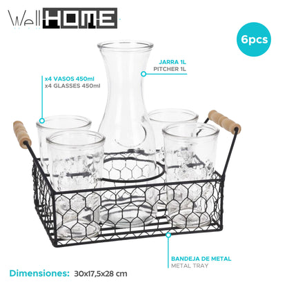 Well Home Juego De 4 Vasos De 450ml + Jarra De 1l En Vidrio