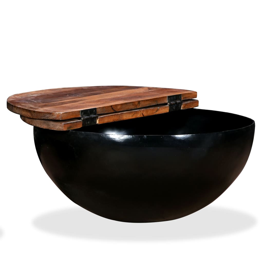 Mesa De Centro De Madera Maciza Reciclada Negra En Forma De Bol_2