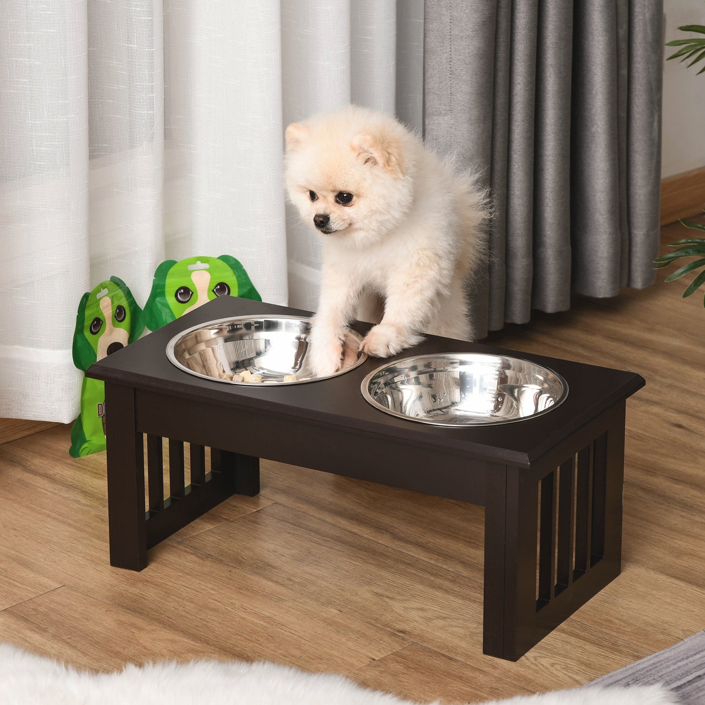Pawhut Comedero Elevado Para Perros De Acero Inoxidable 44x24x15 Cm Marrón_1