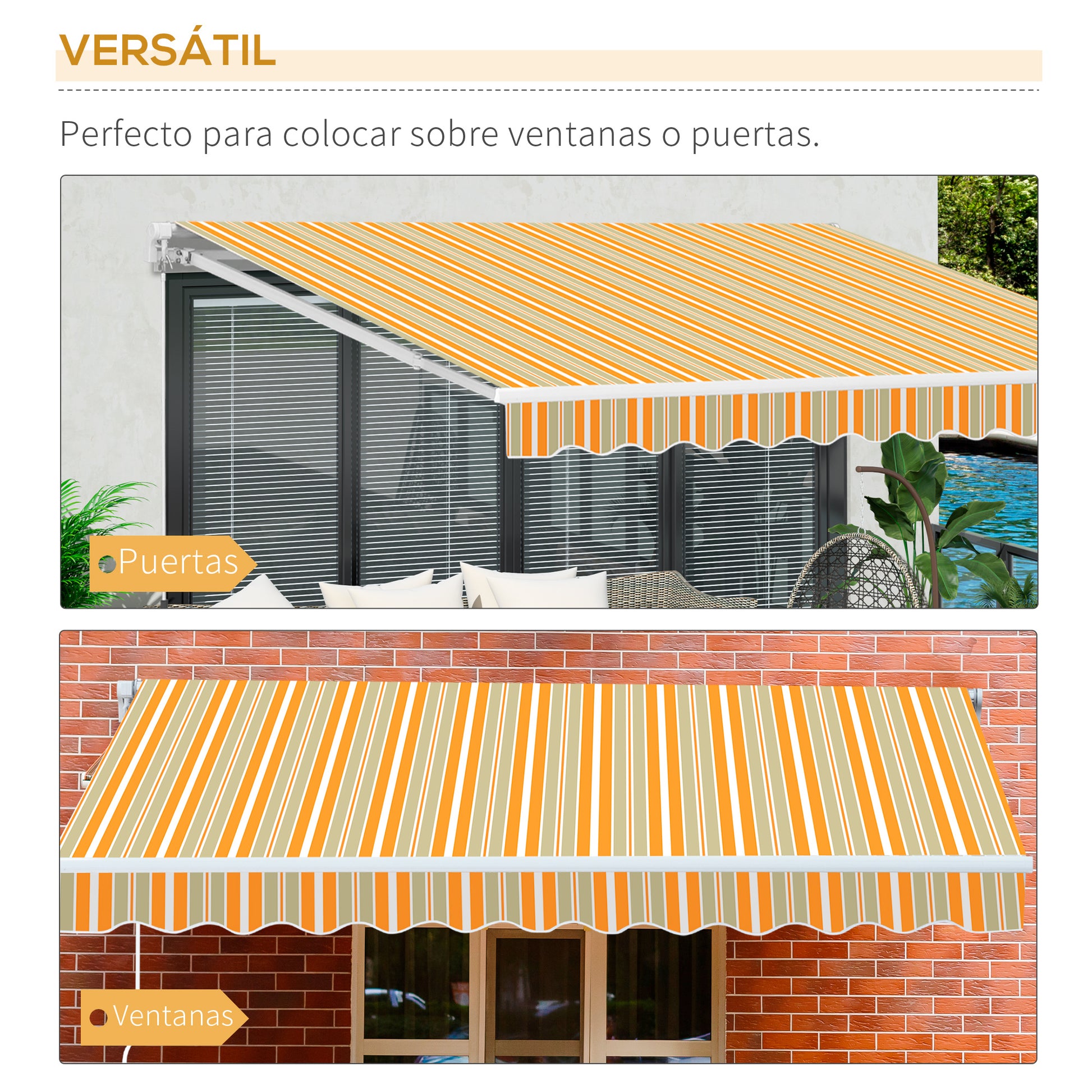 Toldo 300x250cm Brazo Articulado Aluminio Tejido 280g/m² Rayas Amarillo Blanco_5