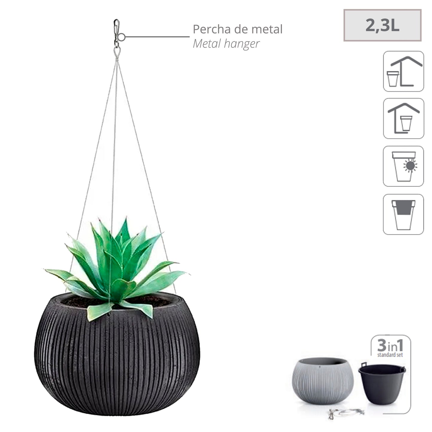 Prosperplast Beton Bowl Ws De Plástico Con Depósito En Color Cemento Negro, 16,1 (alto) X 23,8 (ancho) X 23,8 (profundo) Cms_1