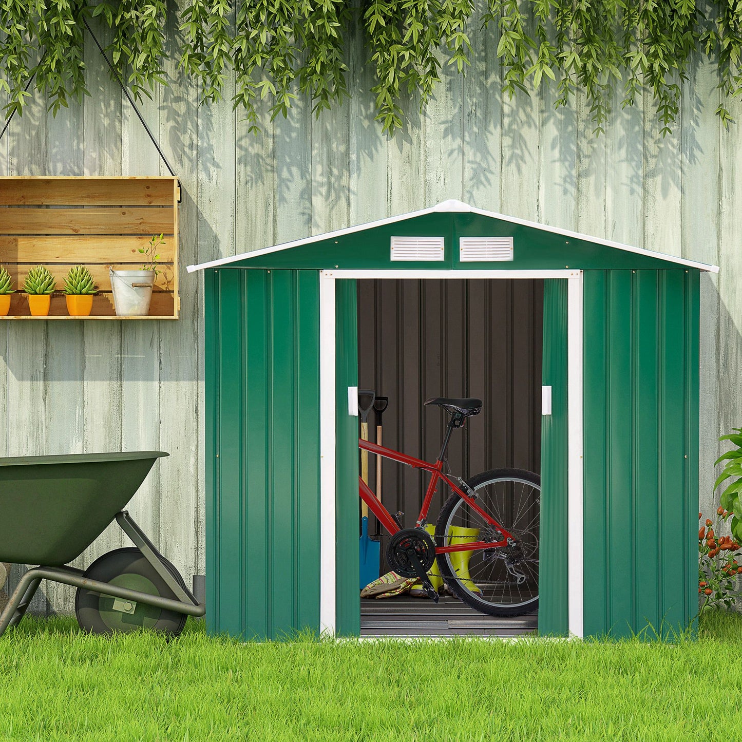 Outsunny Caseta De Jardín 213x130x185 Cm Con 2 Puertas Correderas Y 4 Ventanas_1