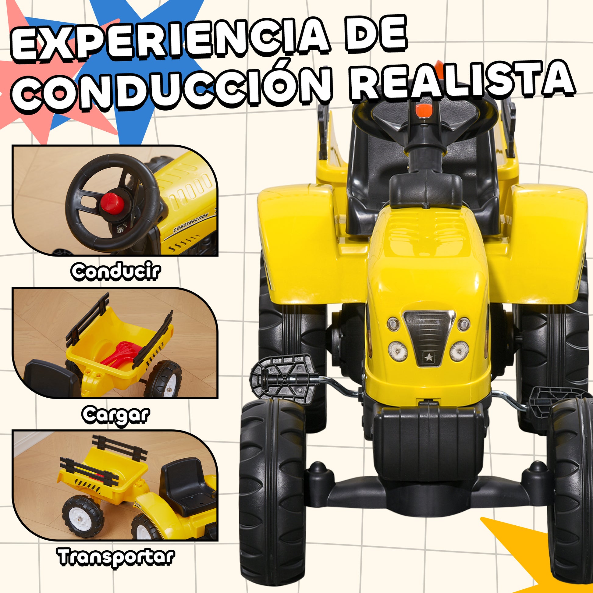 Homcom Tractor A Pedales Para Niños De 3 Años Con Remolque 133x42x51 Cm Amarillo_3