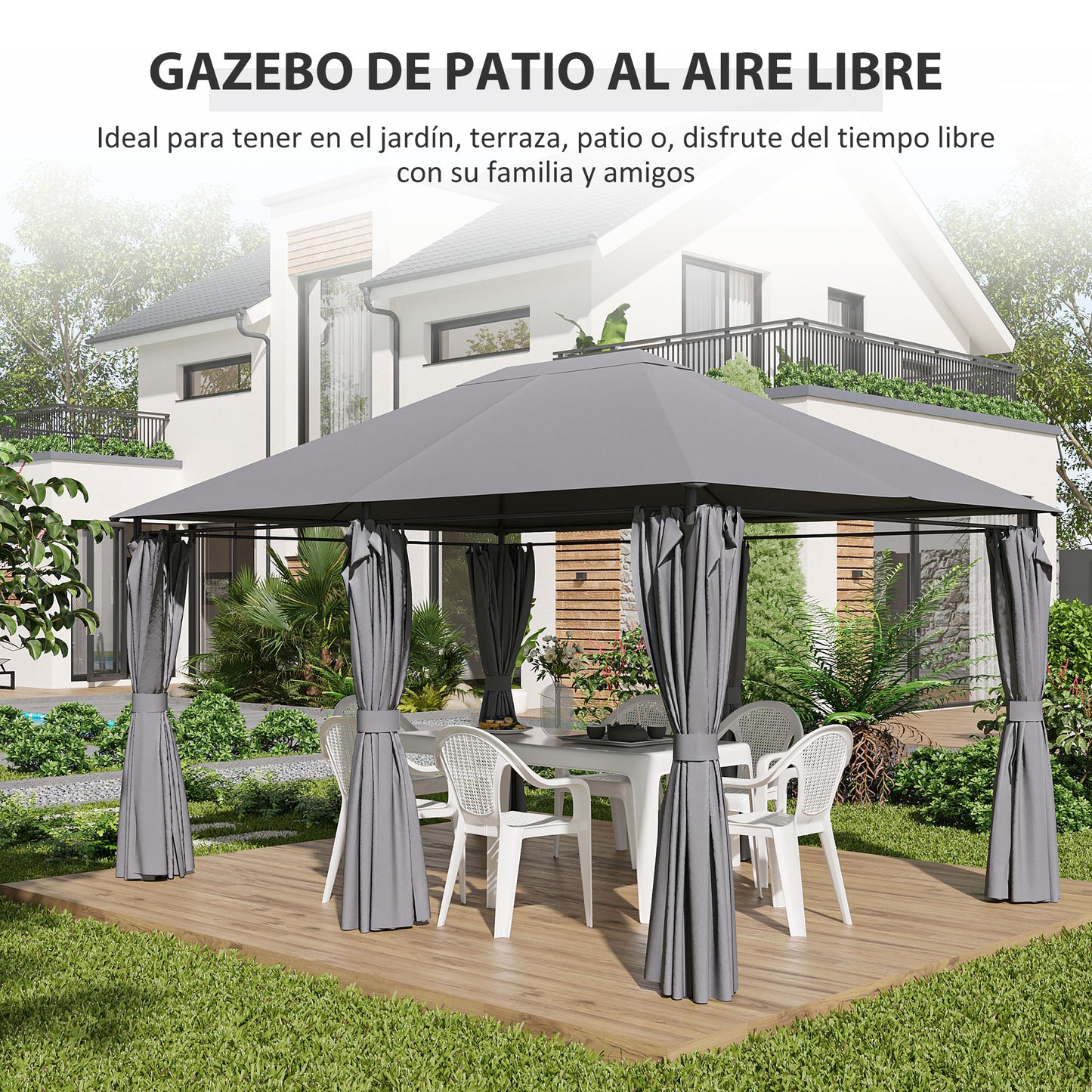 Outsunny Cenador De Jardín 4x3 M Con 6 Paredes Laterales Para Fiestas Gris_5