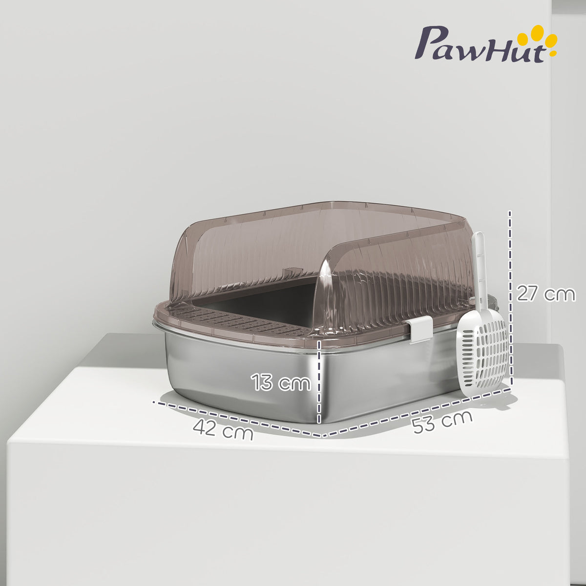Pawhut Arenero Para Gatos Cubierto Con Bandeja De Acero Bordes Altos Y Pala Gris_2