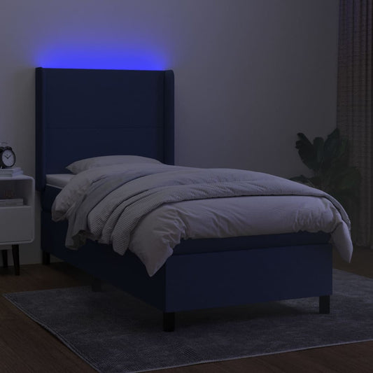 Cama Box Spring Colchón Y Luces Led Tela Azul 100x200 Cm / Vetonek_0