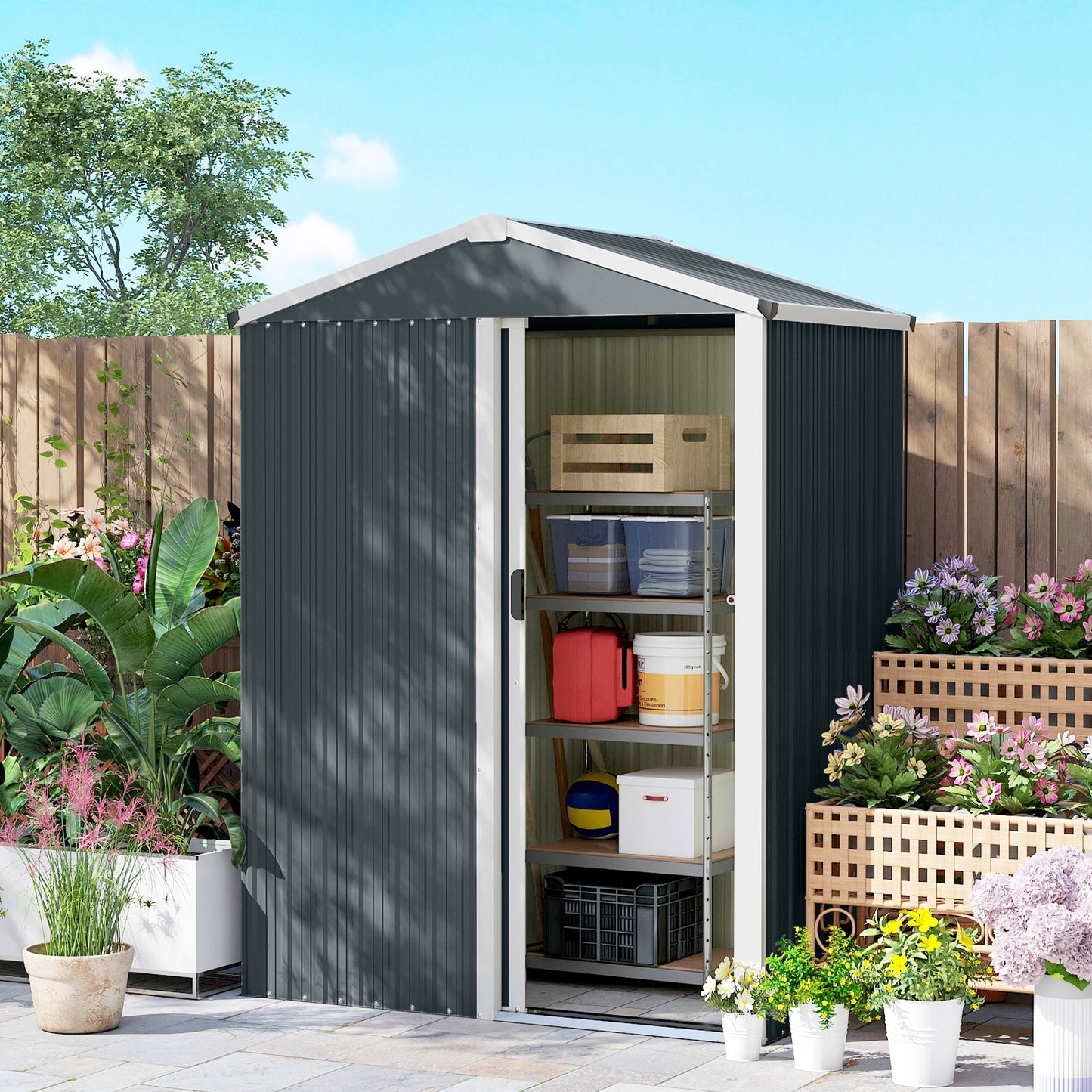 Outsunny Caseta De Jardín Exterior 1,1 M² 136x87x176 Cm Puerta Corredera Gris_3